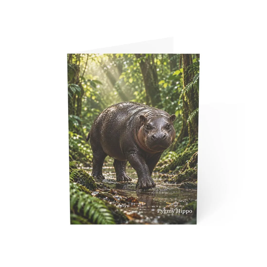 Pygmy hippo wildlife greeting card mockup with forest stream artwork on the front.