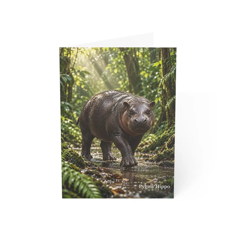 Pygmy hippo wildlife greeting card mockup with forest stream artwork on the front.
