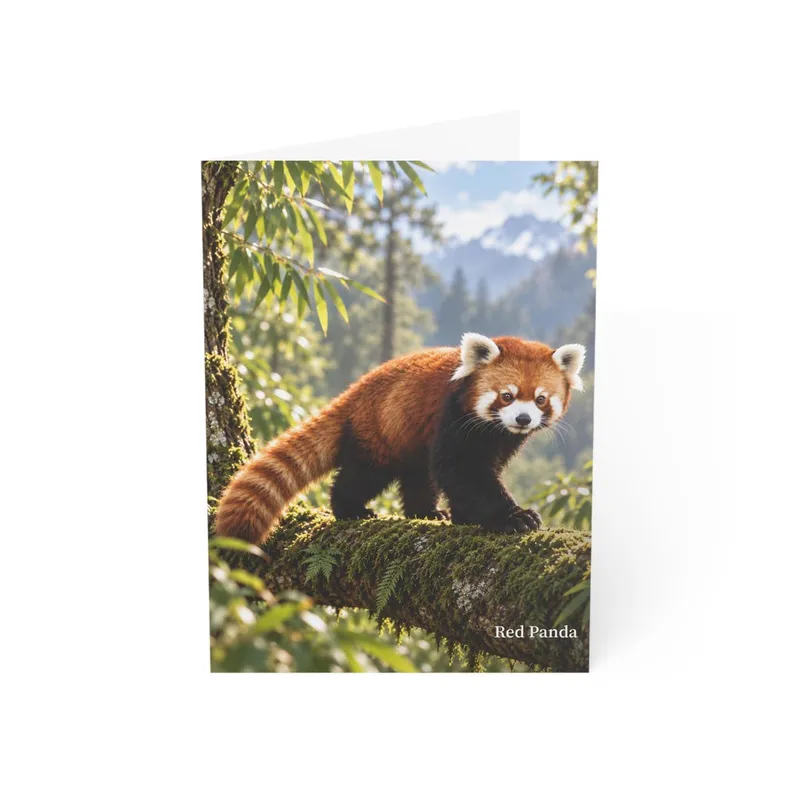 Red panda wildlife greeting card mockup with sunlit forest artwork on the front.