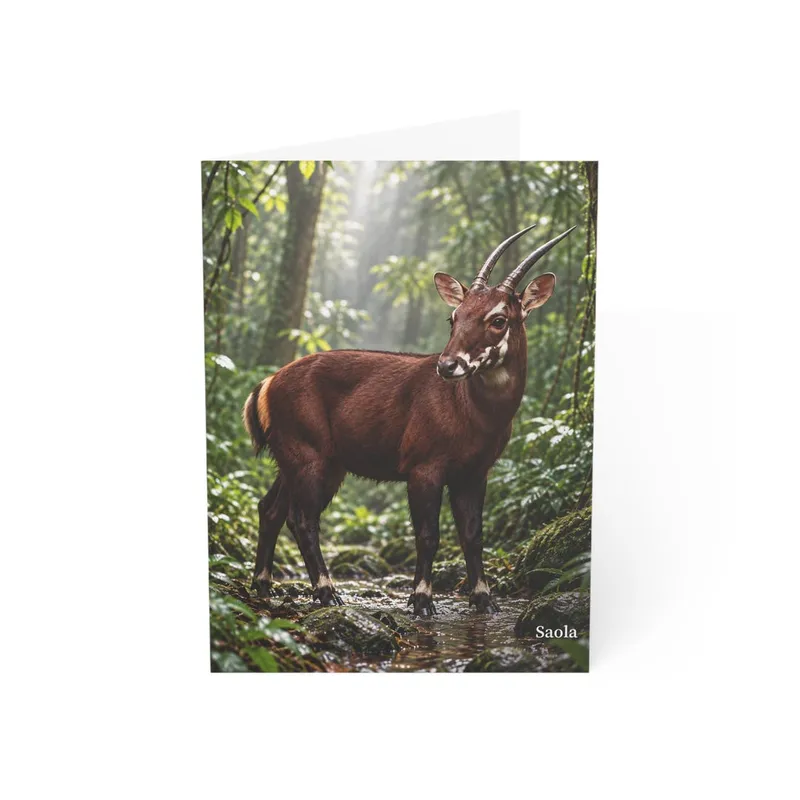 Saola wildlife greeting card mockup with sunlit forest artwork on the front.