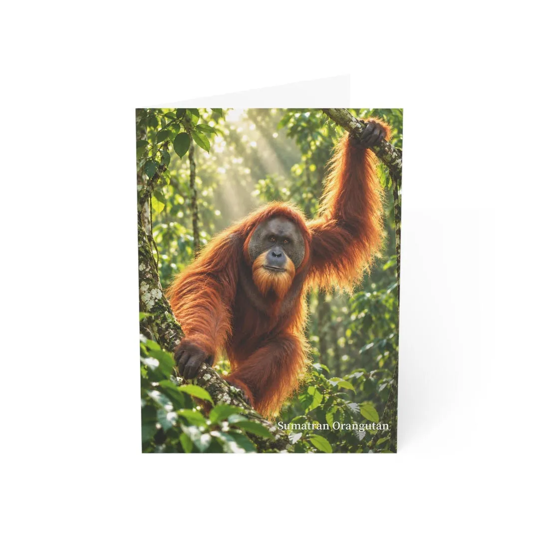 Sumatran orangutan wildlife greeting card mockup with rainforest artwork on the front.