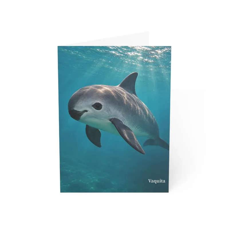 Vaquita wildlife greeting card mockup with underwater artwork on the front.