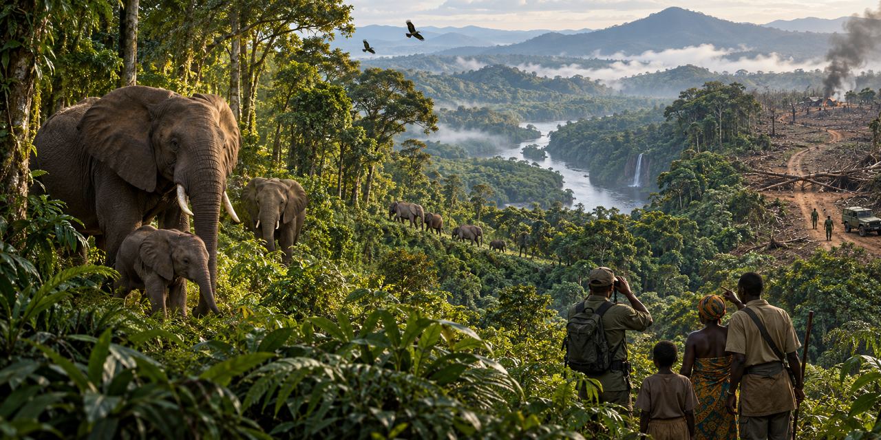 Interpretive conservation systems plate showing forest connectivity, patrol protection, and community stewardship for African forest elephants.