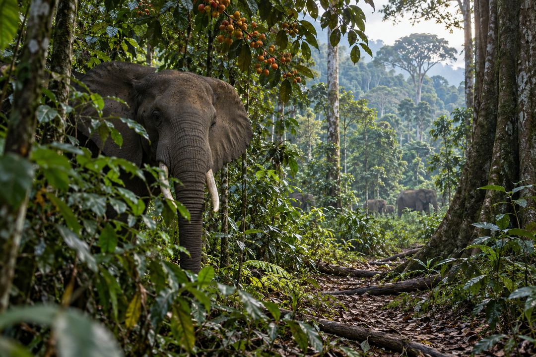 Interpretive field-observation plate of an African forest elephant partly screened by Central African rainforest foliage.