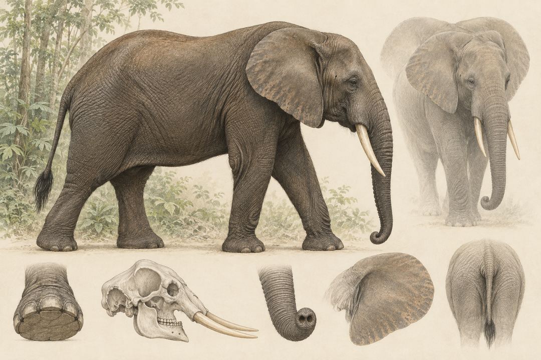 Interpretive museum study plate of an African forest elephant showing rounded ears, tapered tusks, and forest-adapted proportions.