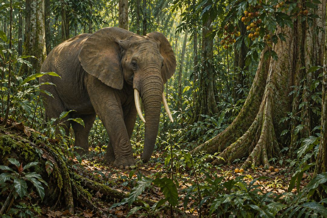 Interpretive Central African rainforest scene with an African forest elephant among fruiting trees and dense understory.