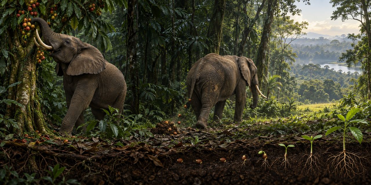 Interpretive ecological plate showing an African forest elephant carrying seeds from a fruiting tree toward distant regeneration.