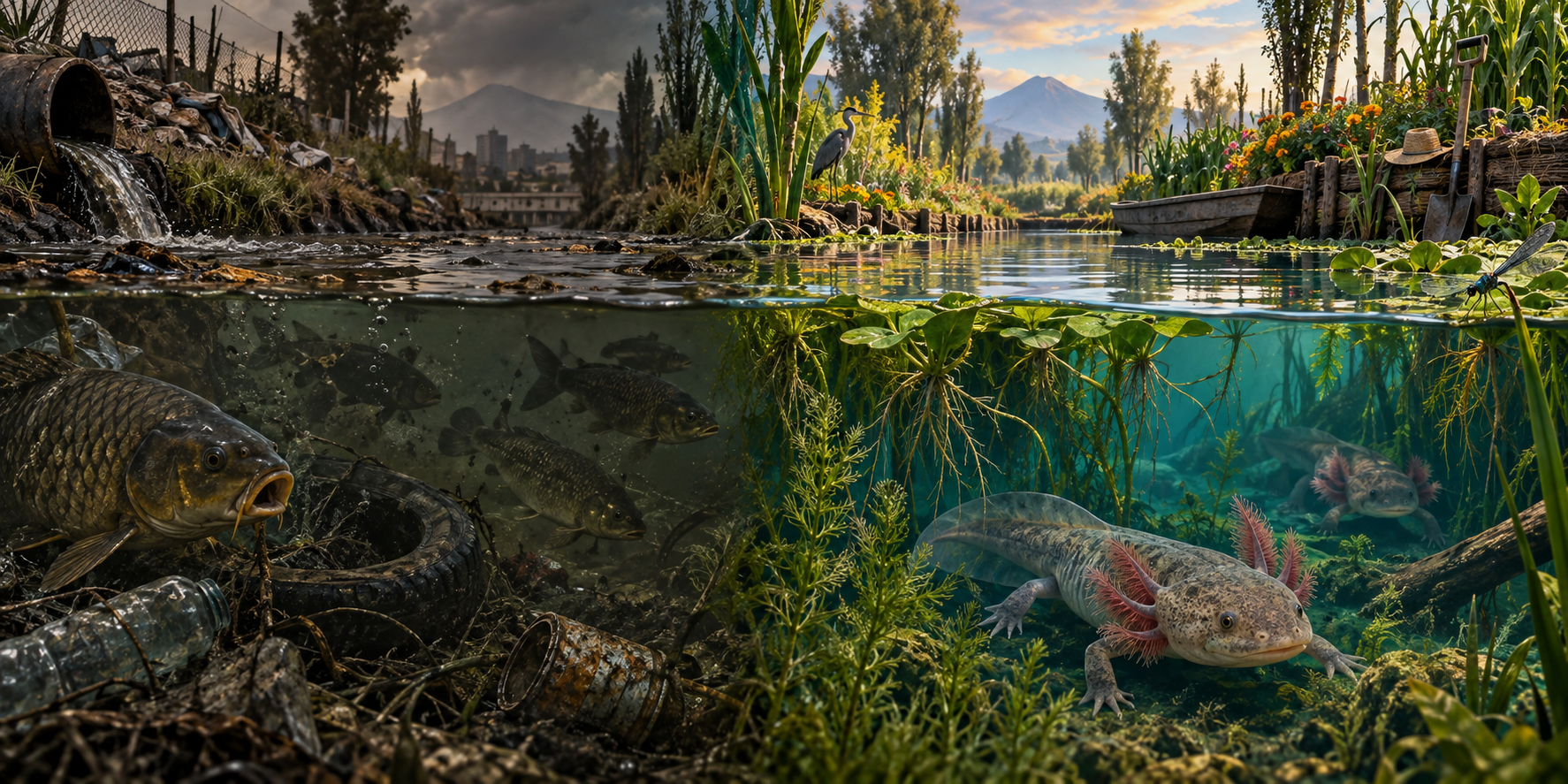Interpretive conservation plate moving from degraded canal conditions toward restored axolotl refuge habitat.
