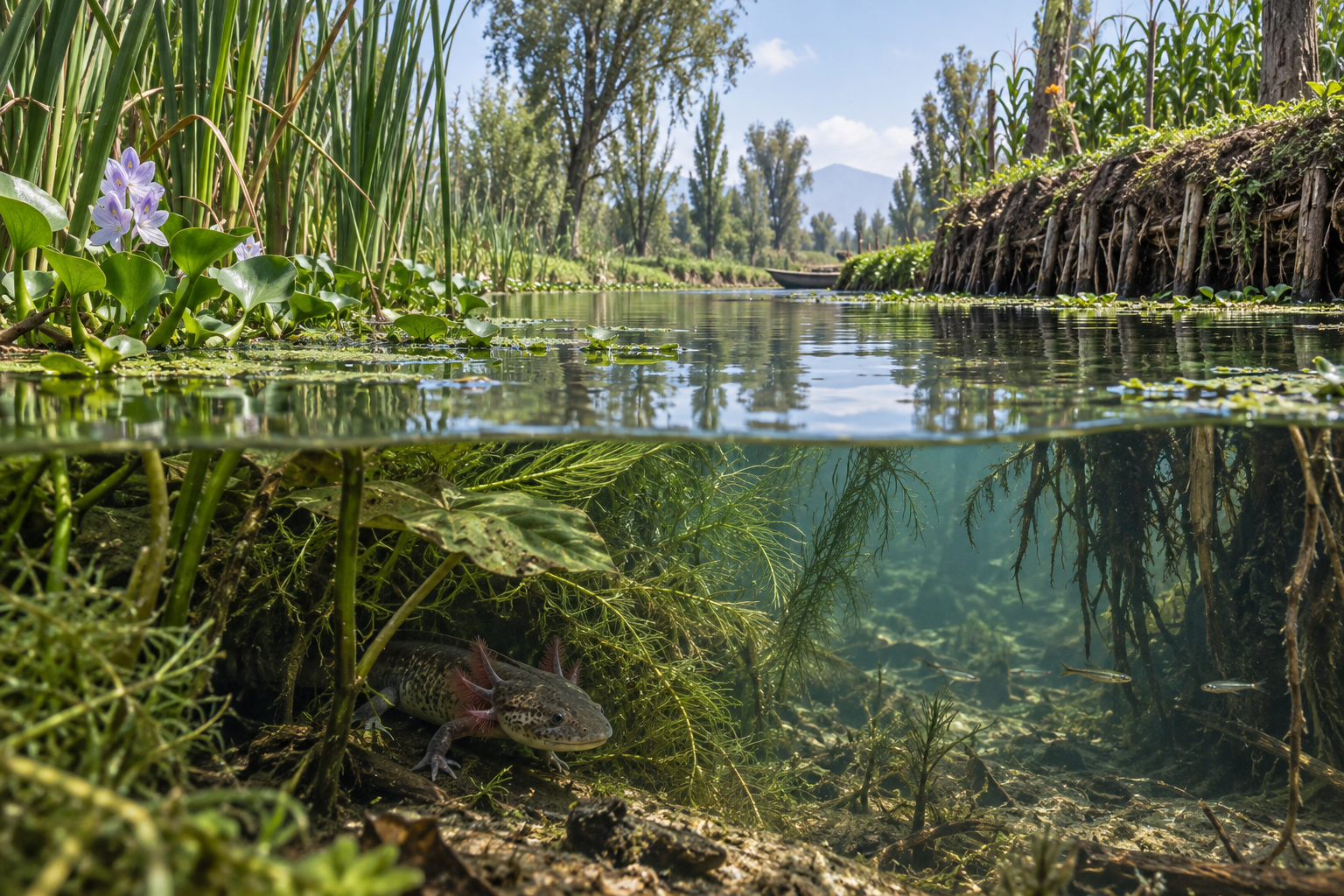 Interpretive field-observation plate of an axolotl sheltering among vegetated Xochimilco canal edges.