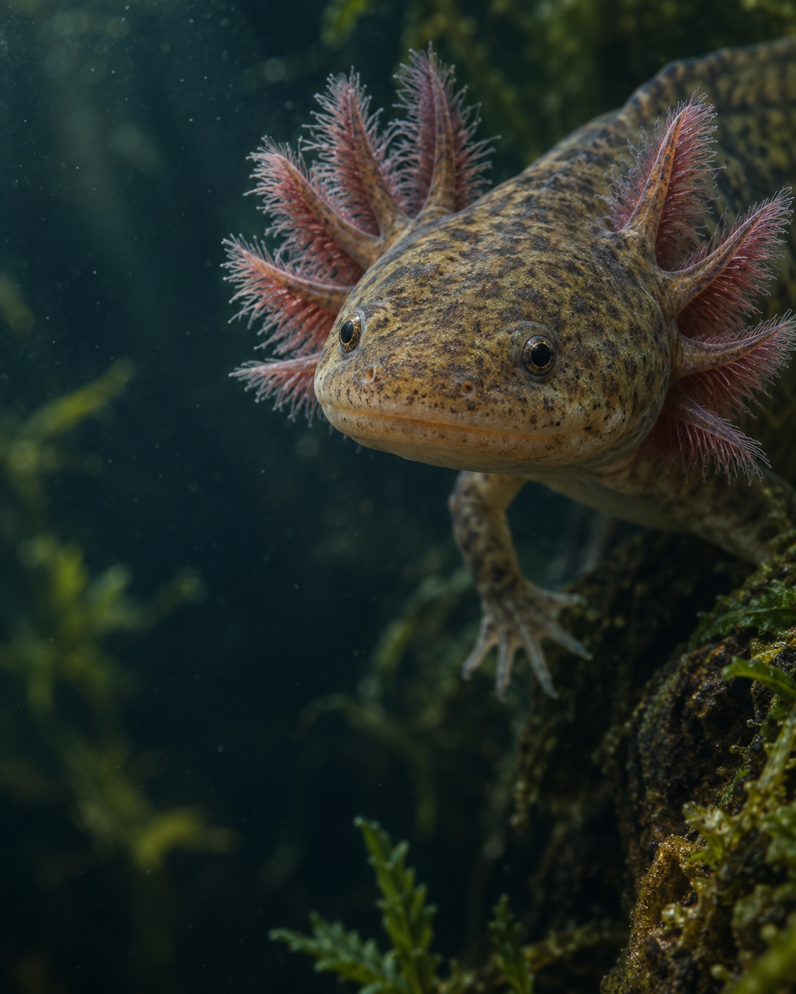 Editorial reconstruction macro study of an adult wild-type axolotl's external gills and broad head in clear freshwater.