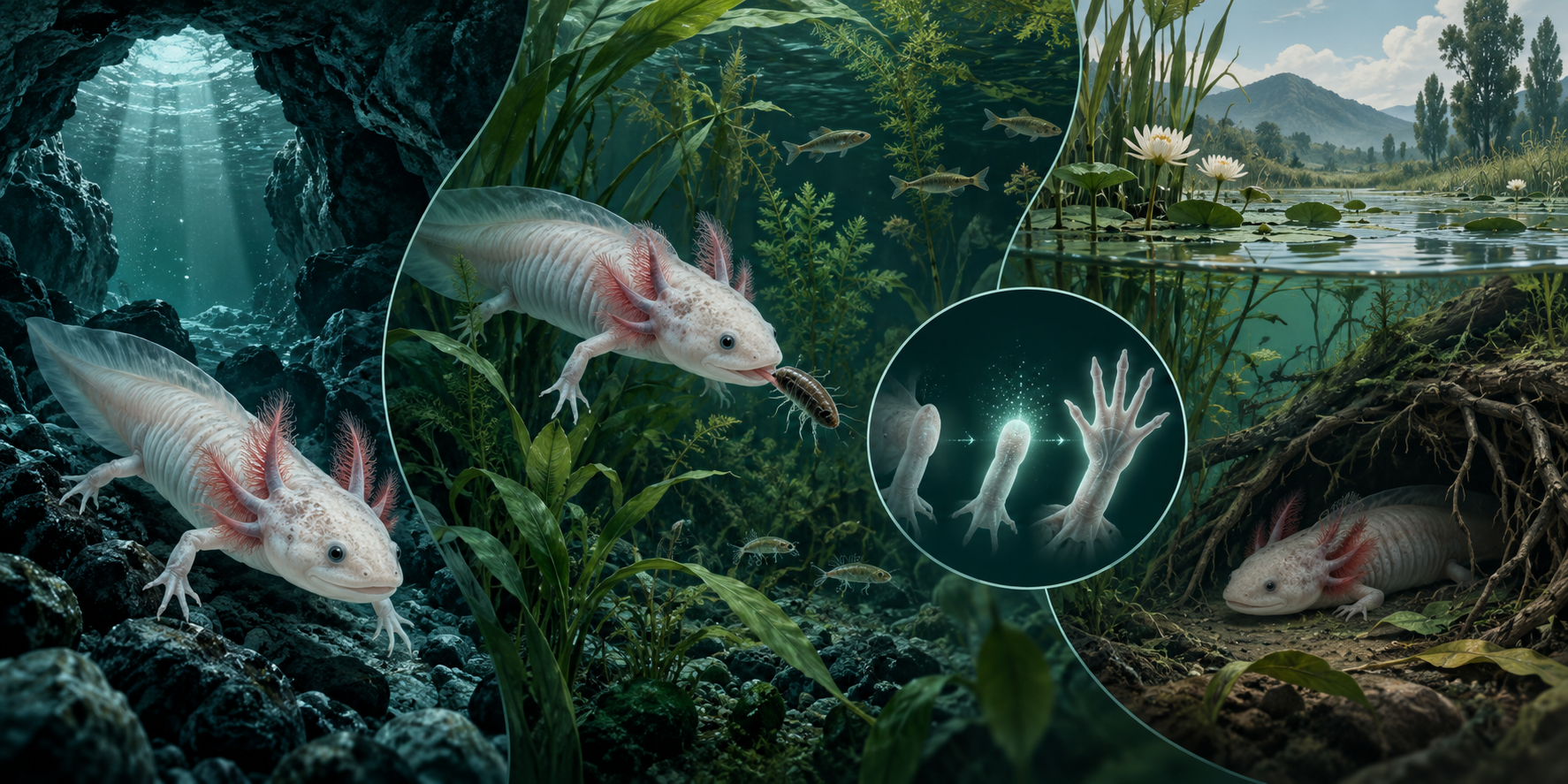Interpretive axolotl life-history plate showing refuge, feeding, regeneration, and future recruitment.
