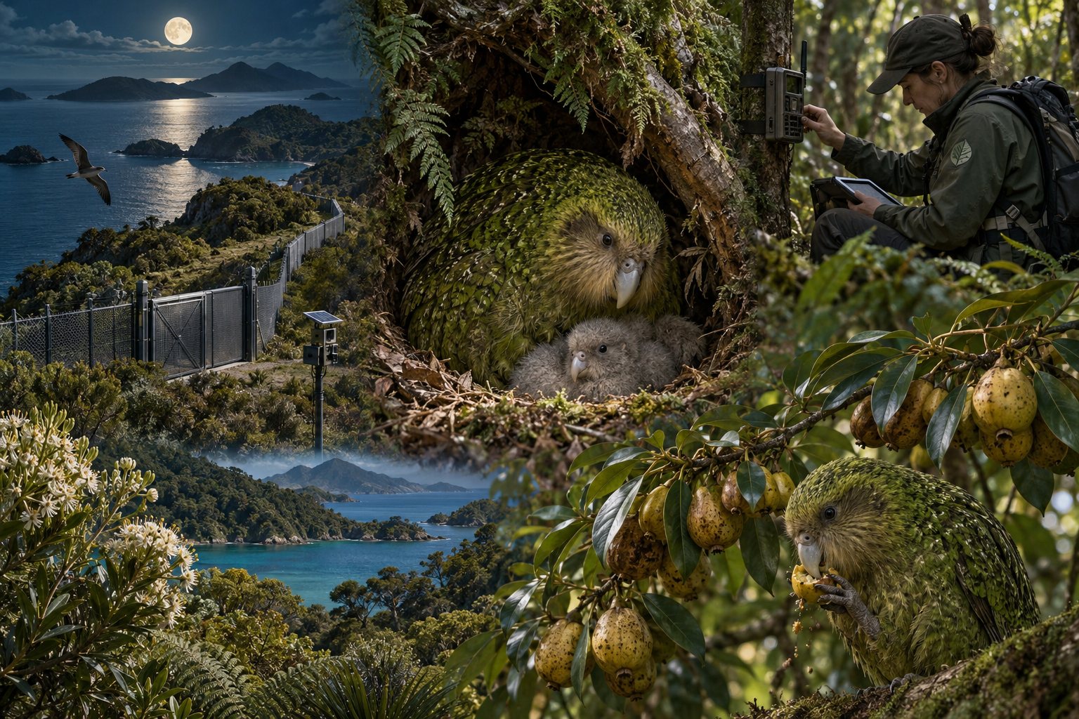 Interpretive conservation artwork showing predator-free island biosecurity, nest monitoring, native mast trees, and field stewardship for kākāpō recovery.