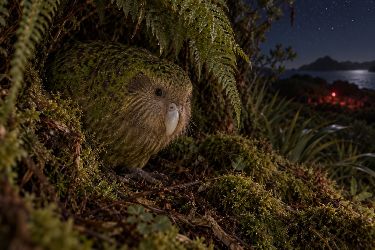Interpretive night field-observation plate of a kākāpō sheltering among ferns on a predator-free New Zealand recovery island.
