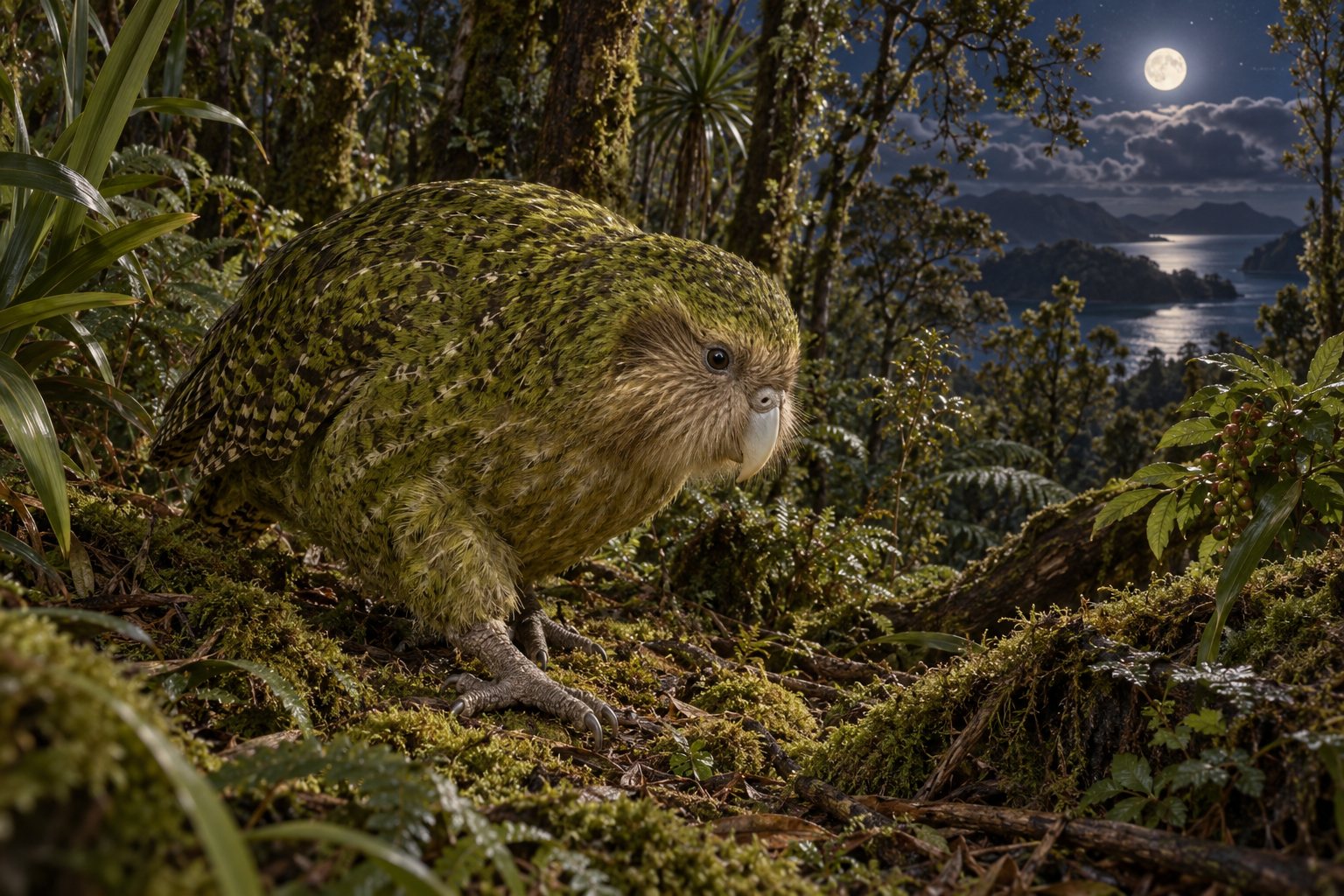 Interpretive nocturnal New Zealand forest scene with a kākāpō moving through moss, ferns, and native podocarp understory.