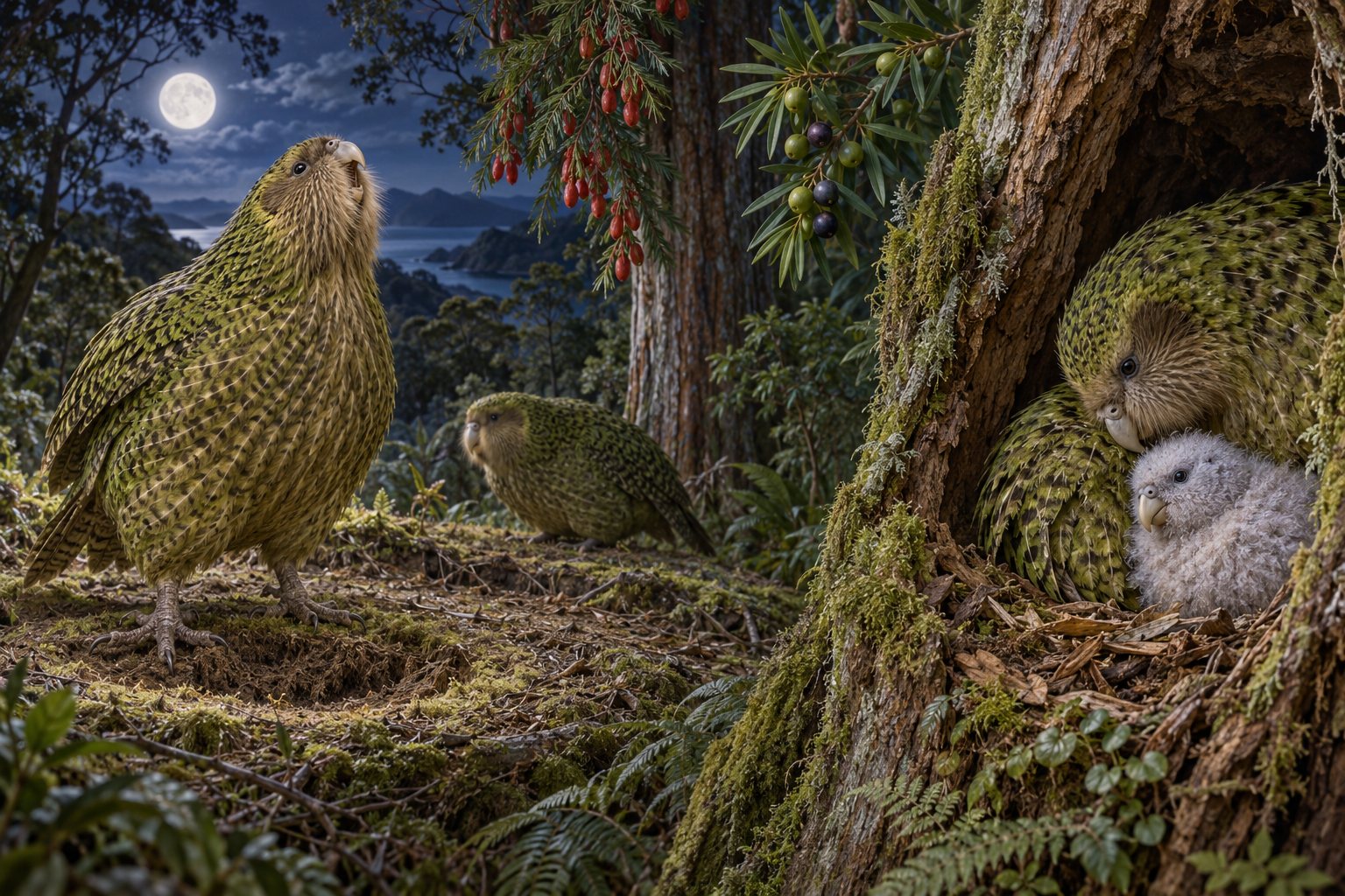 Interpretive kākāpō life-history plate showing mast fruiting, nocturnal booming, nest care, and a developing chick.