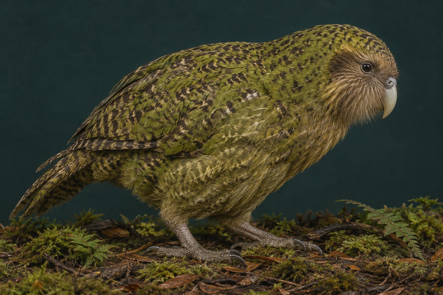 Interpretive museum study plate of a kākāpō showing its rounded body, short wings, strong legs, broad bill, and moss-patterned plumage.