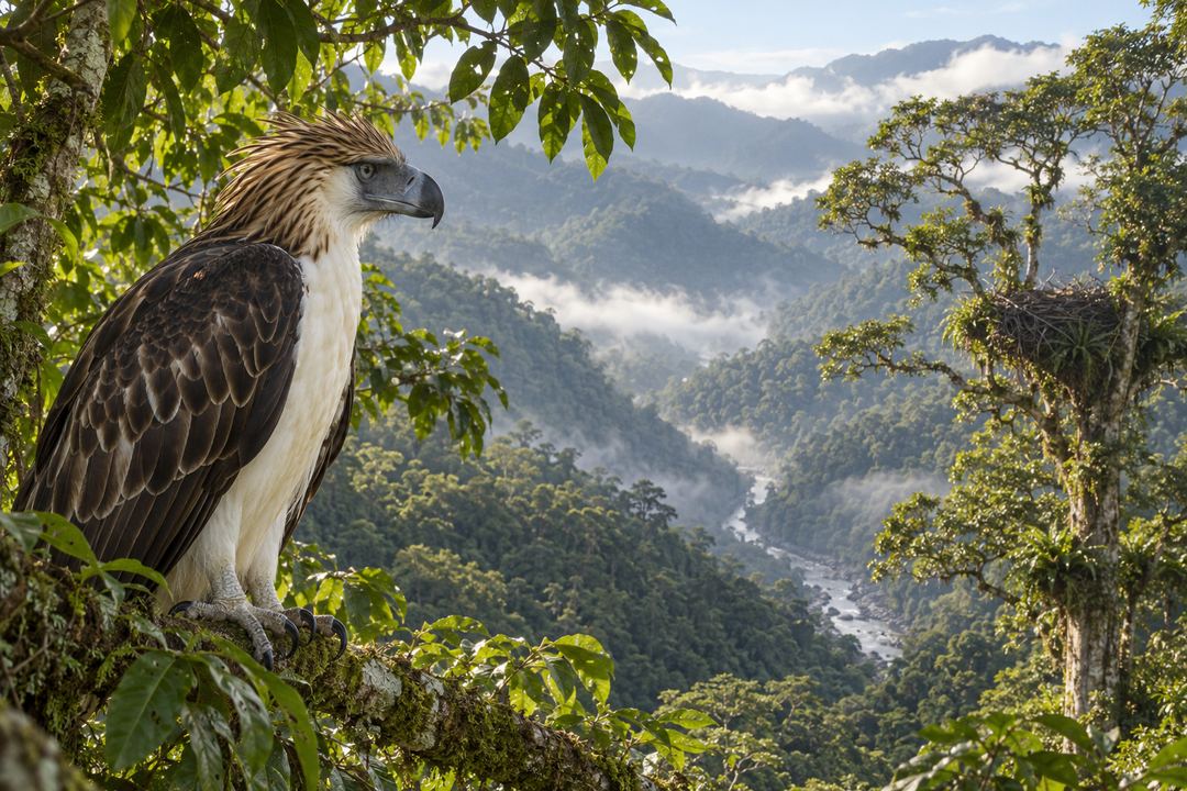 Interpretive field-observation plate of a Philippine eagle partly screened by Philippine rainforest canopy above a watershed.