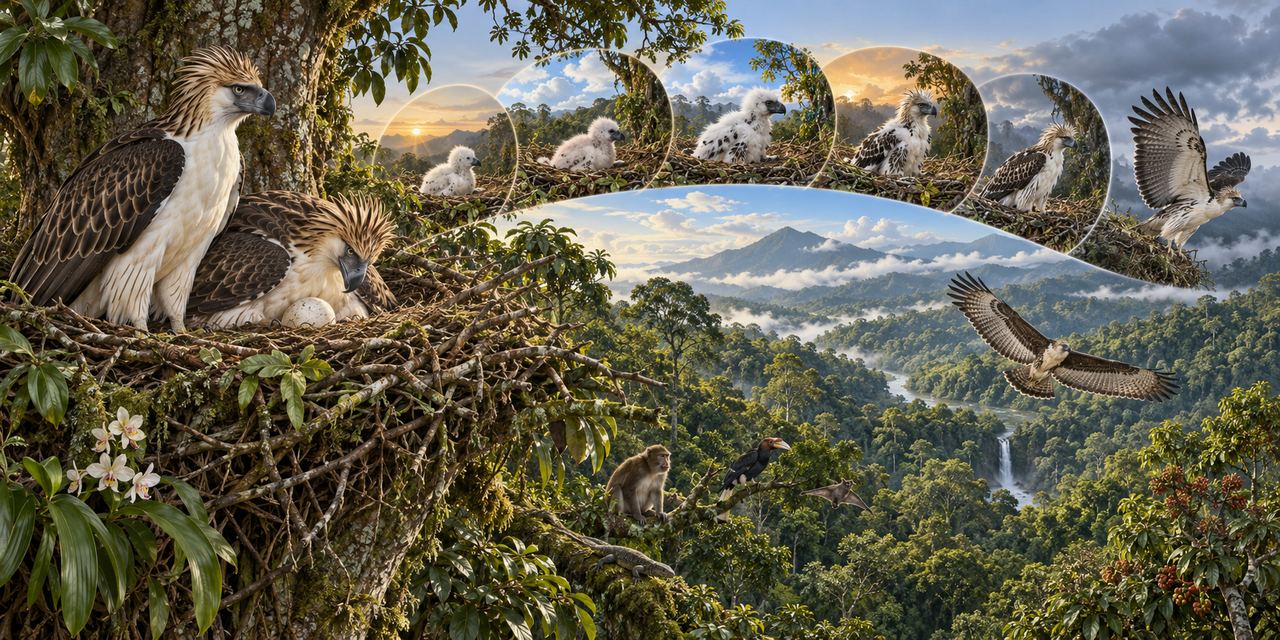 Interpretive Philippine eagle life-history plate showing a pair, nest care, a single developing chick, and an intact forest territory.