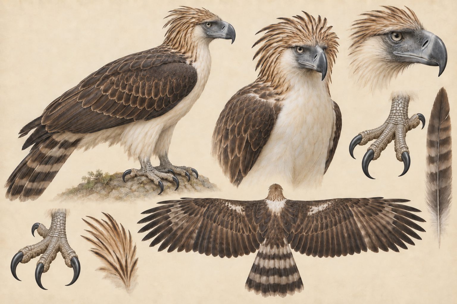 Interpretive museum study plate of a Philippine eagle showing its crest, massive bill, broad wings, and talons.