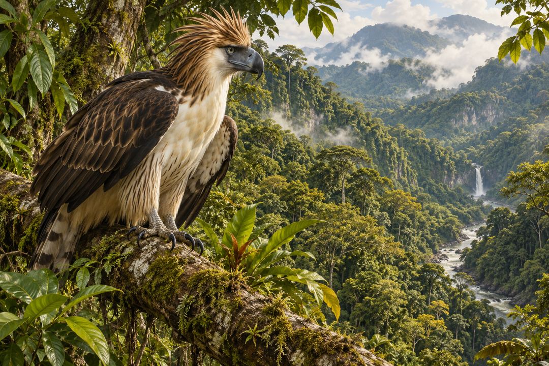 Interpretive Philippine rainforest scene with a Philippine eagle above a mature canopy and watershed.