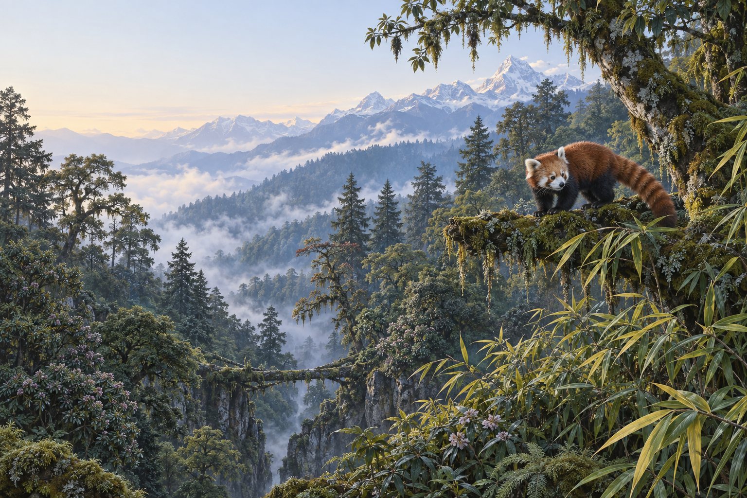 Interpretive conservation artwork showing red panda habitat corridors, community forest monitoring, and careful conflict reduction across mountain forest.