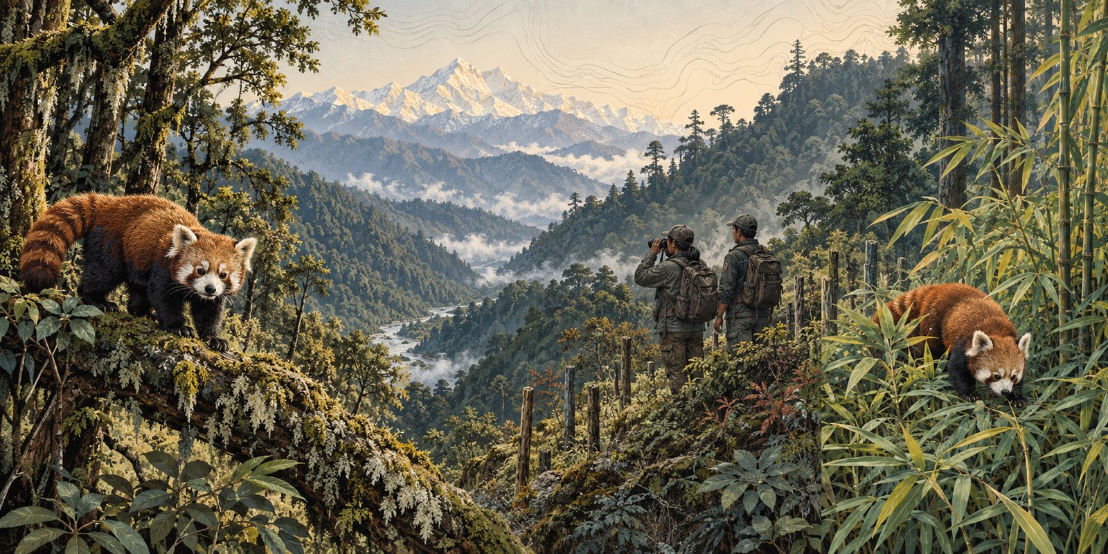 Interpretive eastern Himalayan mountain forest with a red panda among bamboo, cool canopy, and connected ridges.