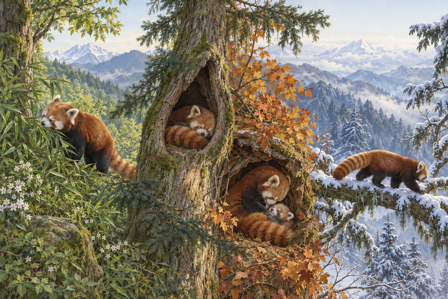 Interpretive life-history artwork showing a red panda feeding in bamboo, resting in a cavity, and moving through connected seasonal mountain forest.