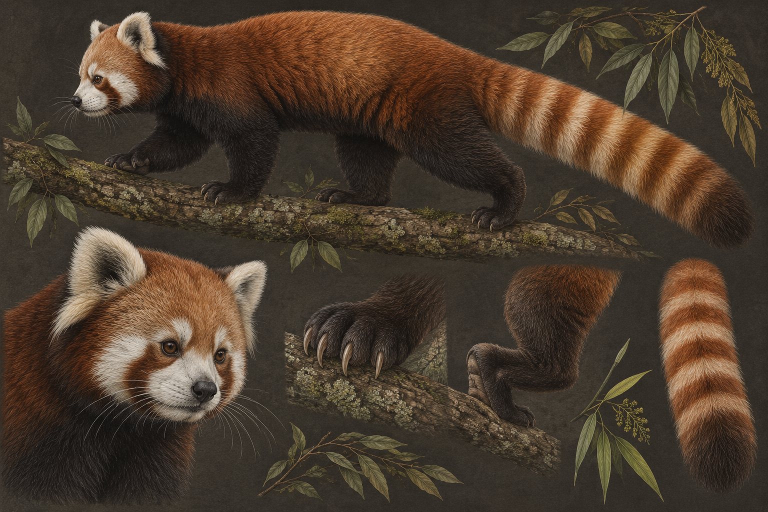 Interpretive zoological study plate showing the red panda's ringed tail, dense coat, facial mask, gripping claws, and flexible ankle.
