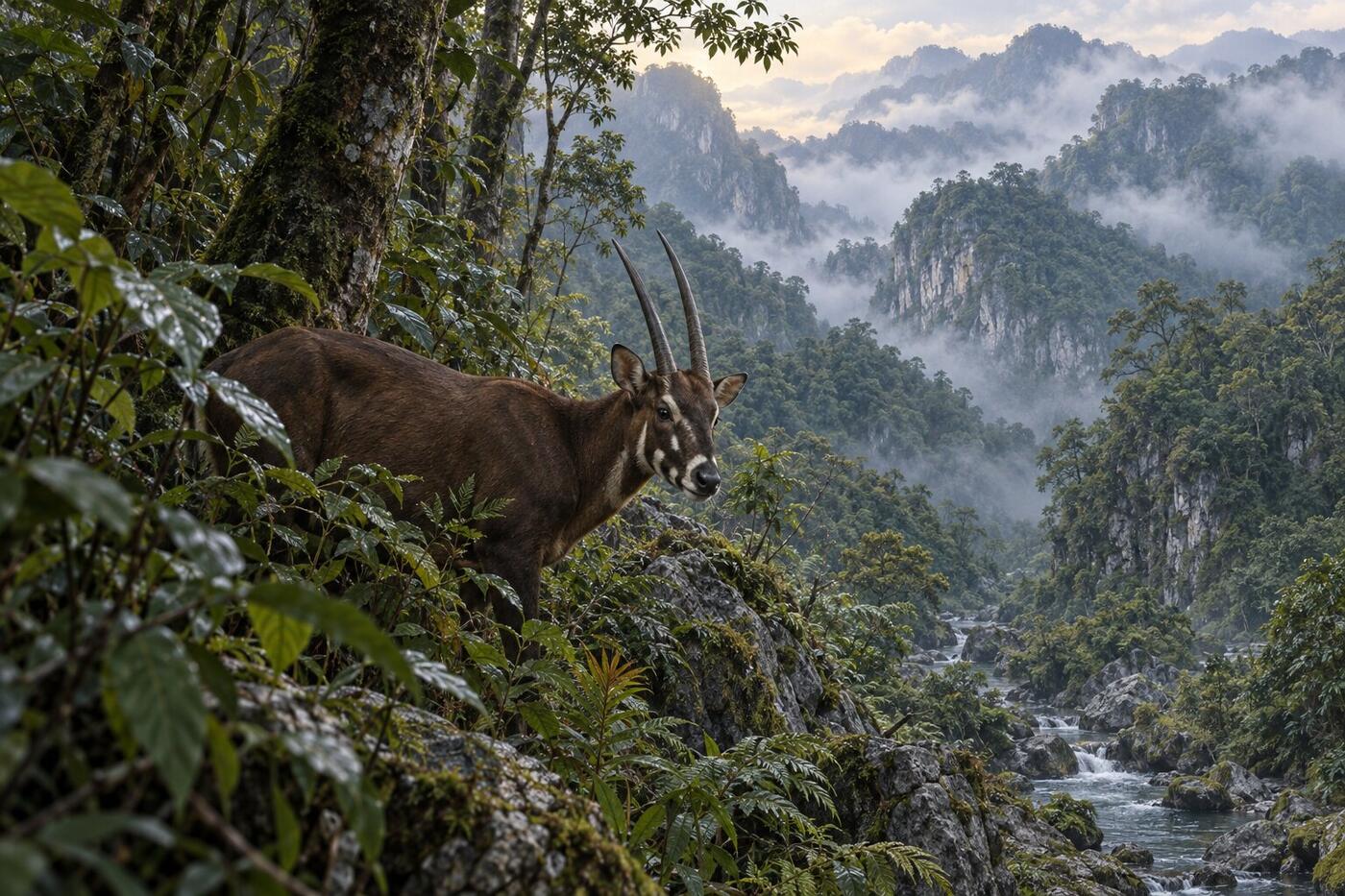 Interpretive Annamite mountain forest scene with a saola beside a mineral stream, limestone ridges, mist, and dense evergreen understory.