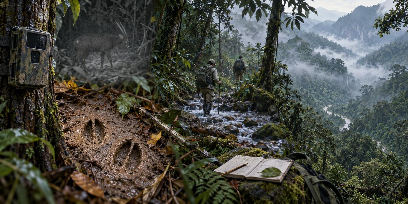 Interpretive saola evidence plate showing camera-trap detection, field signs, patrol effort, and a connected Annamite corridor without implying a population count.