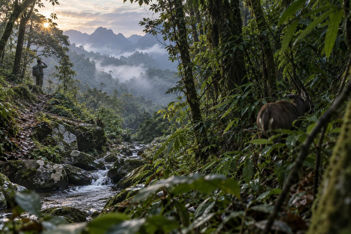 Interpretive respectful field-observation scene with a saola partly hidden in Annamite forest cover and a distant researcher keeping space.