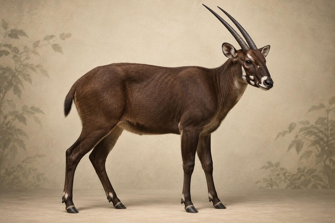 Interpretive museum study plate of a saola in profile showing the compact forest body, parallel horns, pale facial markings, ears, and cloven hooves.