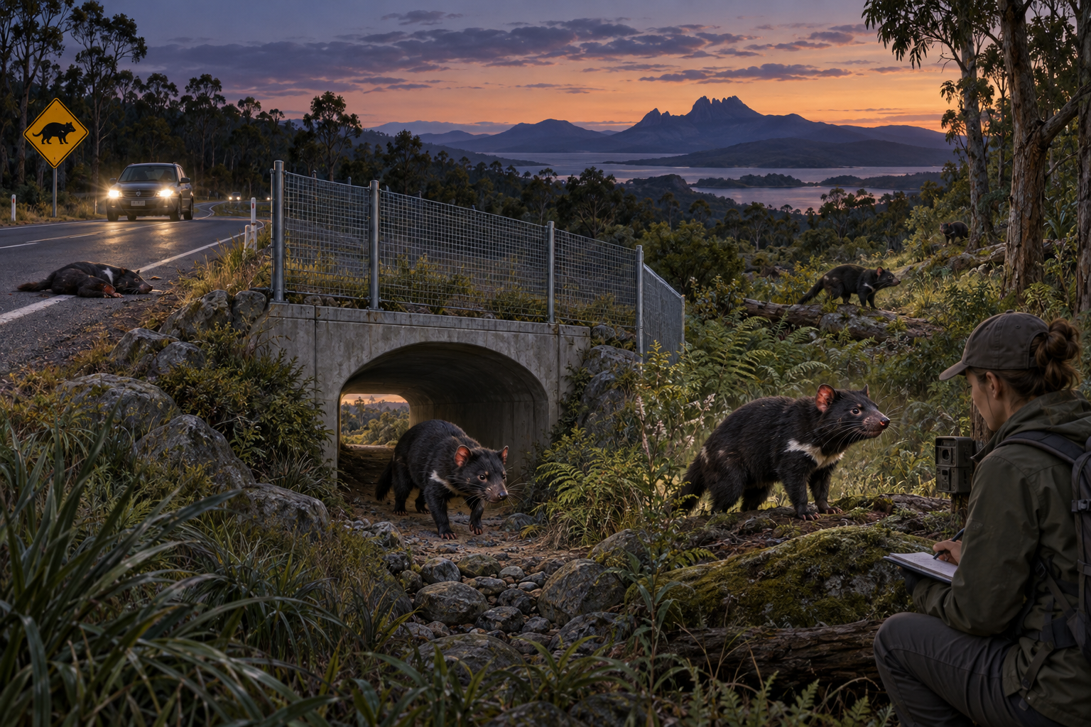Museum-style Tasmanian devil conservation plate showing a road underpass, movement corridor, and field disease monitoring.