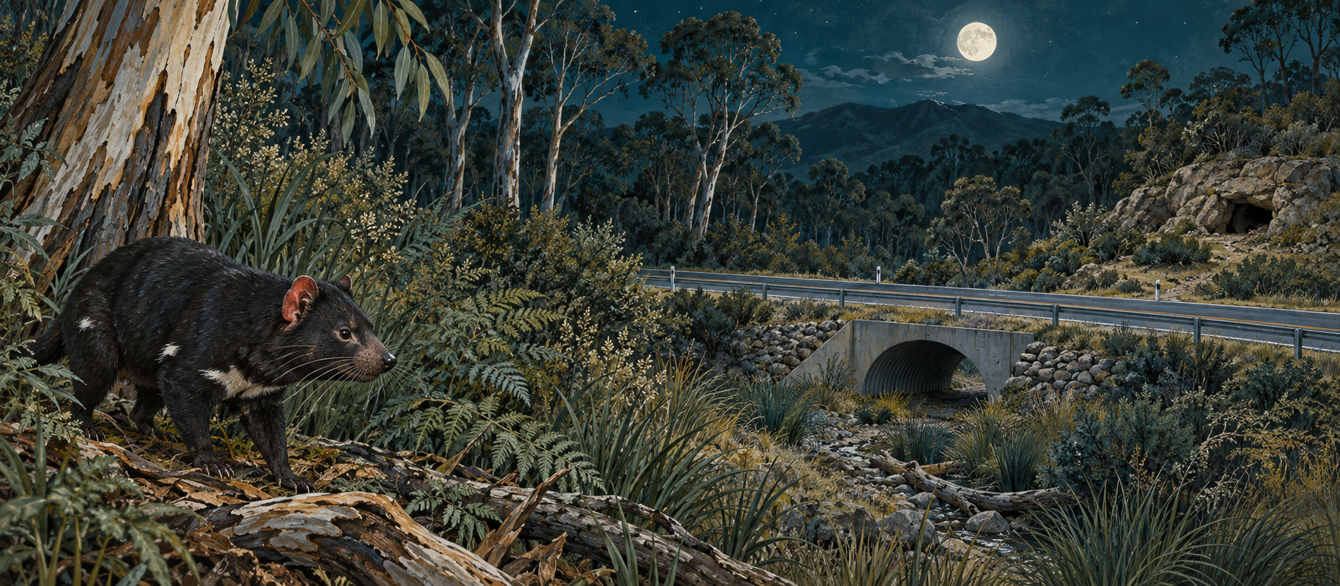 Museum-style Tasmanian devil habitat schematic showing eucalyptus woodland, dense refuge, a road underpass, and a den entrance.