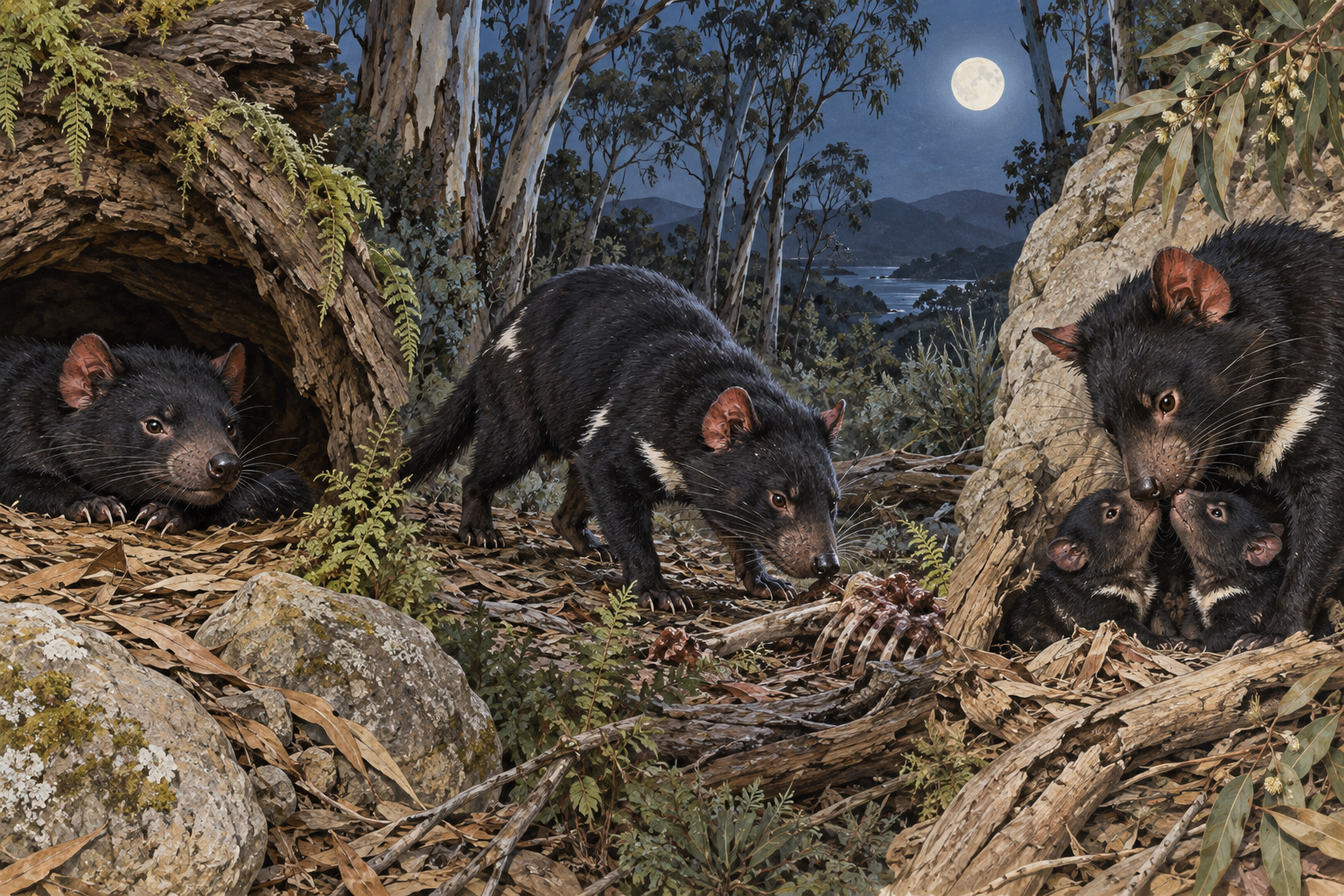 Museum-style Tasmanian devil life-history plate showing den refuge, nocturnal foraging, and care of young.
