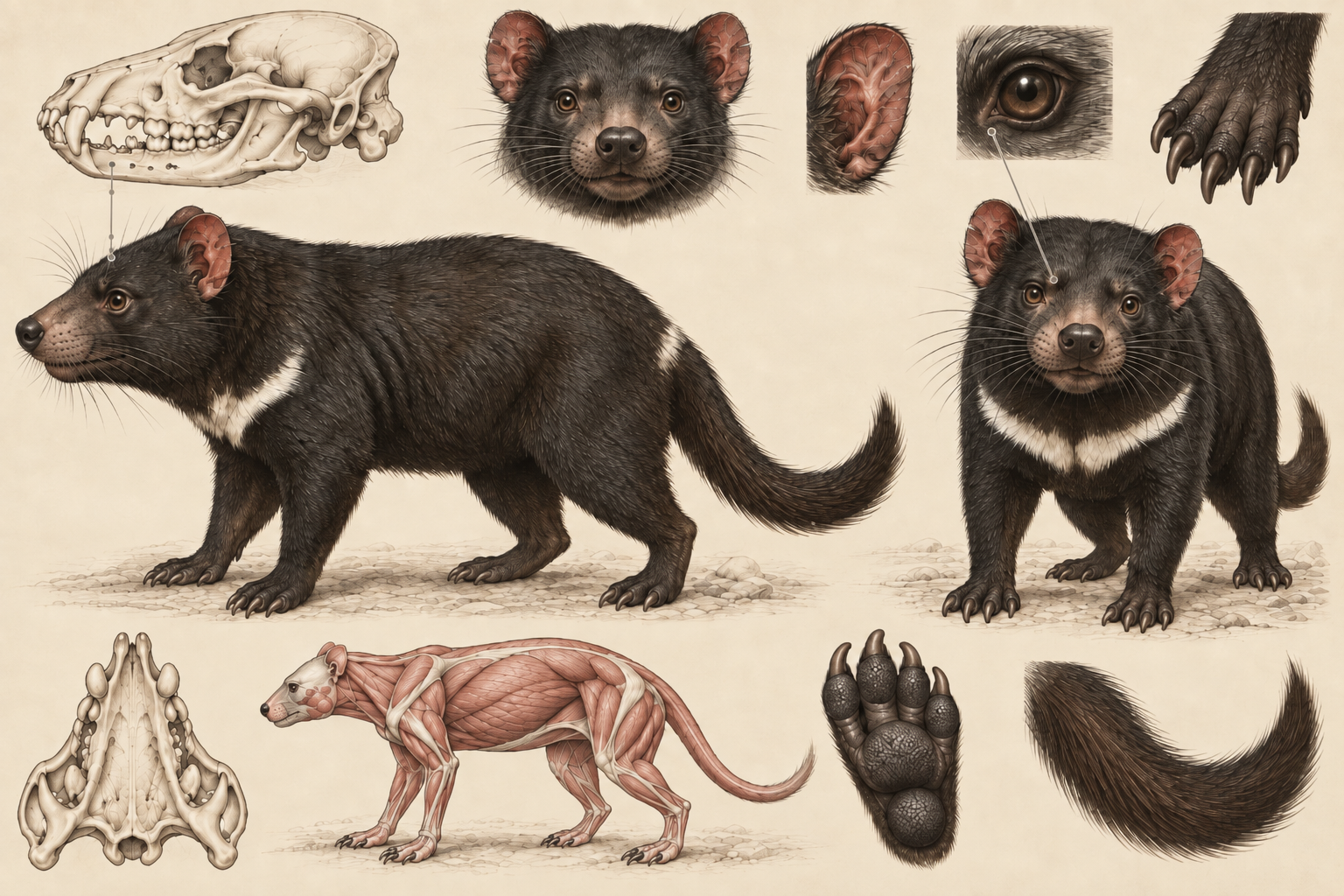 Museum-style Tasmanian devil morphology study plate showing profile and three-quarter views with broad head, rounded ears, compact body, and curved tail.